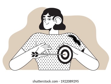 Target market, group or customer concept in simple black and white line style for website, mobile application design or advertisement. Woman holds arrow hitting target. Goal achievement or success.