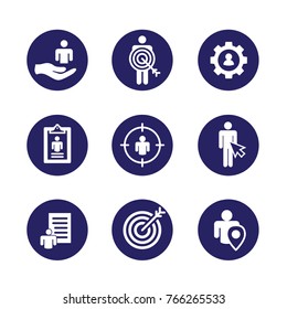 Target market icons of buyer image and persona  w gear, arrow, nurturing leads 