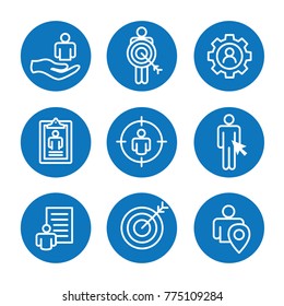 Target market icons of buyer image and persona  w gear, arrow, nurturing leads 