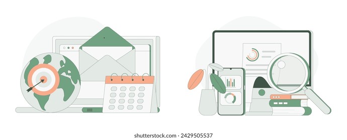 Target market and Marketing Analytics. Web Landing Page Design. Flat Cartoon Vector Illustration.