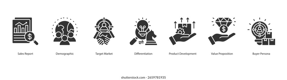 Zielmarkt-Auswahl-Symbol, Vektorverkaufsbericht, demografisch, Zielmarkt, Differenzierung, Produktentwicklung, Wertangebot, Käuferpersönlichkeit
