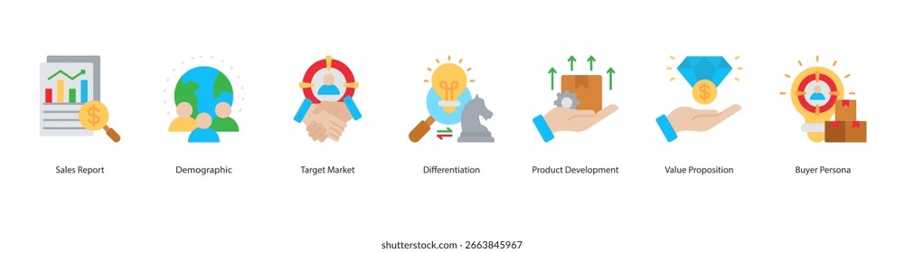 ícone Seleção de Mercado de Destino relatório de vendas vetorial, demográfico, mercado de destino, diferenciação, desenvolvimento de produto, proposta de valor, comprador