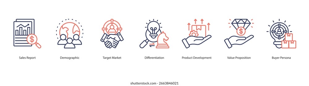 Informe de ventas de Vector de íconos de selección de mercado objetivo, demográfico, mercado objetivo, diferenciación, desarrollo de productos, propuesta de valor, comprador