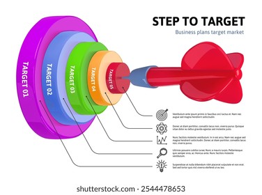 Diagrama da estratégia de mercado-alvo. Dart atingindo bullseye 3D plano de negócios infográfico com metas em camadas bullseye e etapas de marketing. Ilustração de vetor de modelo de definição de objetivo ou funil de vendas.