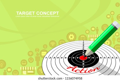 Target marketing business strategy template design. Darts target, pencil and icon on yellow background. Vector flat style illustration.