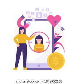 target marketing concept, business strategy. illustration of woman or manager locking or targeting her audience or people so that her business is right on target. smartphones, coins and hearts. flat