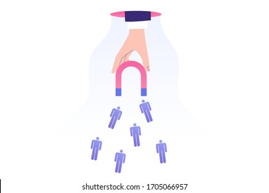 Target marketing concept. Hand attracting male pictograms with magnet. Successful consumer and targeting. Public relations. Focus group. Online advertising. Vector stock illustration