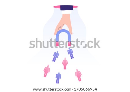 Target marketing concept. Hand attracting people pictograms with magnet. Successful consumer and targeting. Public relations. Focus group. Online advertising. Vector stock illustration