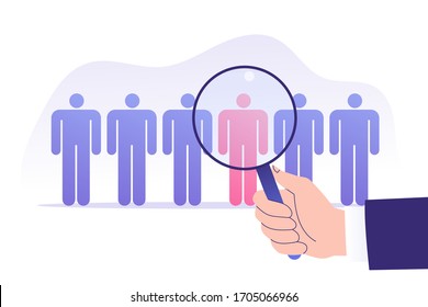 Target Marketing Concept. Hand Pointing Magnifier On Male Pictograms. Successful Consumer And Targeting. Public Relations. Focus Group. Online Advertising. Vector Stock Illustration