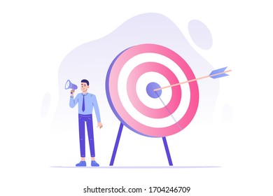 Target marketing concept. PR manager attracting customers with megaphone. Successful business or consumer targeting. Focus group. Goal achievement. Online advertising. Vector illustration