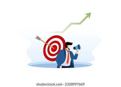 Target marketing concept. PR manager man attracting customers with megaphone. Successful business or consumer targeting. Focus group. Achievement of objectives. Online advertising. Vector illustration