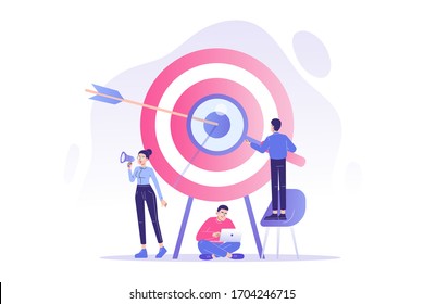 Target marketing concept. PR team or managers attracting customers with megaphone. Successful business or consumer targeting. Focus group. Goal achievement. Online advertising. Vector illustration