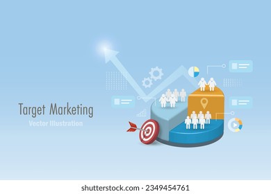 Target marketing with customer segmentation on pie graph. Data analysis, business research and development strategy. 3D vector.