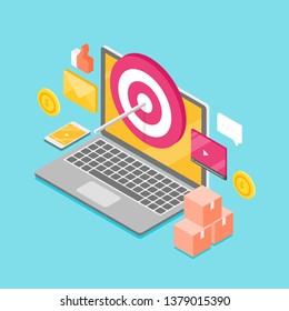 Target marketing, Digital shopping,  Digital advertising, flat design 3D, Isometric, vector illustration with icons