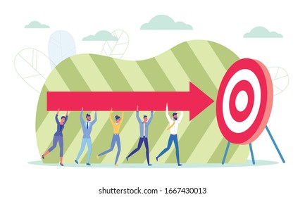 Target Marketing Flat Cartoon Vector Illustration. Goal Achievement in Company, Objective Accomplishment. Teamwork in Business. Women ans Men Holding Arrow to Hit Target. Working in Team.