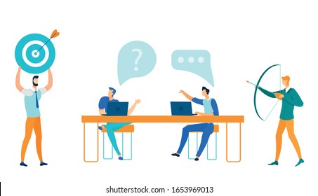 Marketing de destino, Ilustración de vectores planos SMM. Equipo de Comerciantes, Personajes de Caricatura de Empresarios. Colegas Discutiendo La Estrategia De Atracción De Los Clientes. Negocio publicitario, promoción de Internet