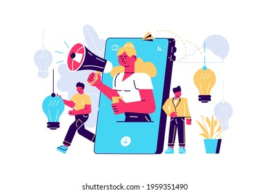 Target marketing in social network, SMM, advertising for new subscribers concept. Vector woman promoting online in social network using smartphone and megaphone flat illustration. Isolated on white