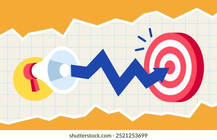 Target Marketing Vector Illustration with Megaphone and Arrow Graph on Grid Paper and Orange Background
