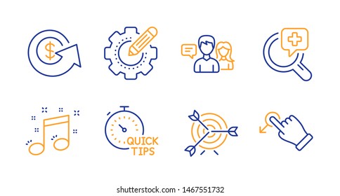 Target, Medical analyzes and Quick tips line icons set. People talking, Settings gear and Musical note signs. Dollar exchange, Drag drop symbols. Targeting, Medicine. Business set. Vector