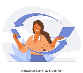Destinar mensajes a través de dispositivos. Comunicación de clientes multicanal de aplicaciones multiplataforma. Concepto de vector de servicio en línea.