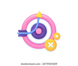 target miss concept. mission failed. not on target. failed to reach the target. illustration of a dartboard, curved arrow, and cross. symbol or icon. minimalist 3d concept design. graphic elements