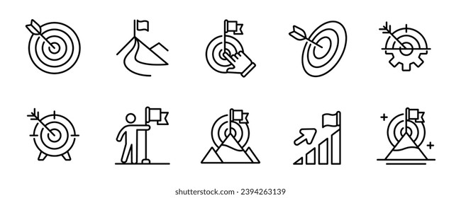 conjunto de iconos de misión de destino con el objetivo de flecha de objetivo y la ilustración de la línea vectorial de pico de montaña. Colección de símbolos de rendimiento de éxito objetivo de desafío comercial para web y aplicación