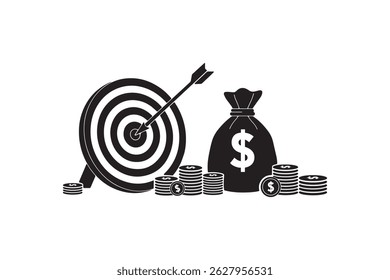 Target and Money Bag Silhouette Icon - Financial Goal Achievement Icon