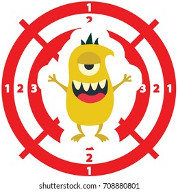 Target with monster flat style yellow color on white background for children game, medical poster, hellowen party. Vector Illustration