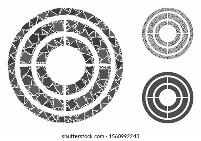 Target mosaic of humpy pieces in different sizes and color hues, based on target icon. Vector ragged dots are grouped into collage. Target icons collage with dotted pattern.