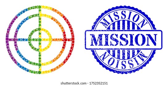 Target mosaic icon of round items in variable sizes and spectrum colorful shades. Blue rounded grunge stamp with Mission phrase. A dotted LGBT- colored target for lesbians, gays, bisexuals,
