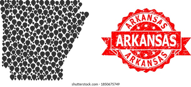 Target mosaic map of Arkansas State and scratched ribbon stamp. Red stamp seal contains Arkansas title inside ribbon. Abstract map of Arkansas State is done with random pinpoint icons.