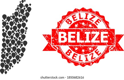 Target mosaic map of Belize and grunge ribbon stamp. Red stamp contains Belize text inside ribbon. Abstract map of Belize is formed from random guide items. Abstract scheme.