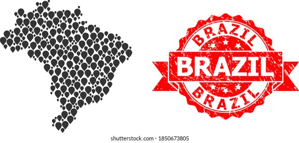 Target mosaic map of Brazil and scratched ribbon stamp. Red stamp seal contains Brazil text inside ribbon. Abstract map of Brazil is constructed of scattered guide symbols. Abstract plan.