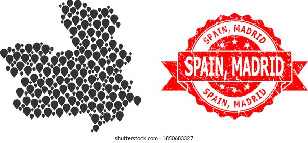Target mosaic map of Castile-La Mancha Province and grunge ribbon seal. Red seal has Spain, Madrid text inside ribbon.