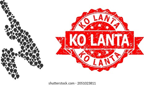 Mapa de mosaico objetivo de Koh Phi Don y sello de cinta gruesa. El sello rojo incluye el texto de Ko Lanta dentro de la cinta. El mapa abstracto de Koh Phi Don está diseñado con símbolos de alfileres al azar. Resumen.