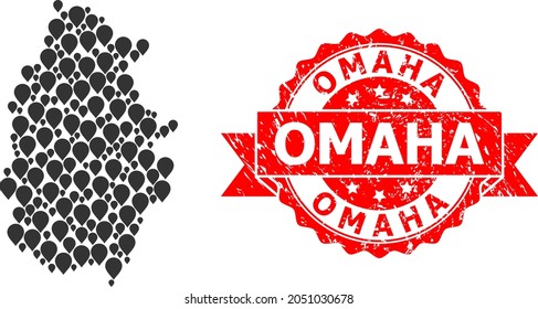 Target mosaic map of Lugo Province and grunge ribbon stamp. Red stamp seal has Omaha caption inside ribbon. Abstract map of Lugo Province is constructed with random destination symbols. Abstract plan.