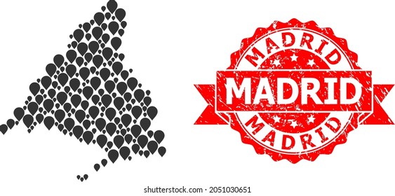Target mosaic map of Madrid Province and scratched ribbon seal. Red stamp seal includes Madrid tag inside ribbon. Abstract map of Madrid Province is done with random navigation items. Navigation plan.