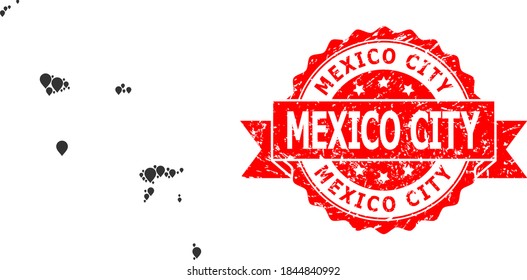 Mapa de mosaicos objetivo de las islas Marquesas y sello de cinta gruesa. El sello rojo contiene la etiqueta de la Ciudad de México dentro de la cinta. Mapa abstracto de las Islas Marquesas compuesto por símbolos dispersos de navegación.