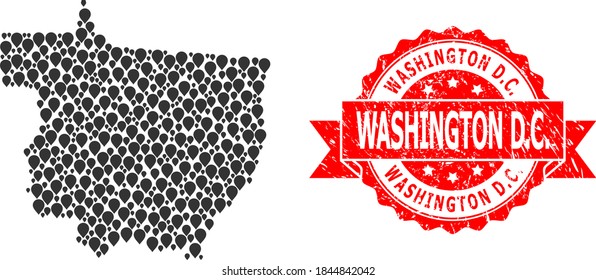 Mosaikkarte des Mato Grosso-Staats und gekratzter Bandstempel. Rote Briefmarke enthält Washington D.C. Titel in der Band. Abstrakte Karte des Mato Grosso-Staates besteht aus randomisierten Zeigerelementen.
