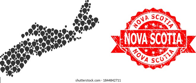 Target mosaic map of Nova Scotia Province and scratched ribbon seal. Red stamp seal includes Nova Scotia caption inside ribbon.