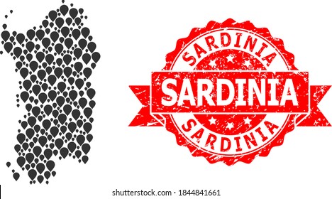 Target mosaic map of Sardinia region and scratched ribbon seal. Red stamp seal includes Sardinia title inside ribbon. Abstract map of Sardinia region is created with randomized pin icons.