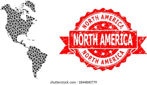 Target mosaic map of South and North America and grunge ribbon stamp. Red stamp seal has North America caption inside ribbon. Abstract map of South and North America is done from scattered mark items.