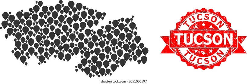 Target mosaic map of Toledo Province and grunge ribbon seal. Red stamp seal has Tucson text inside ribbon. Abstract map of Toledo Province is organized of random mark symbols. Abstract scheme.