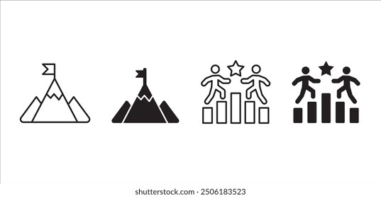 Target mountain icon set. Growth chart symbol. Aim and objective icons set. Goals symbol. Business and management icon collection. Vector stock illustration flat solid thin line style.