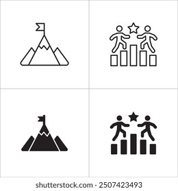 Target mountain icon set. Growth chart symbol. Aim and objective icons set. Goals symbol. Business and management icon collection. Vector stock illustration flat solid thin line style.