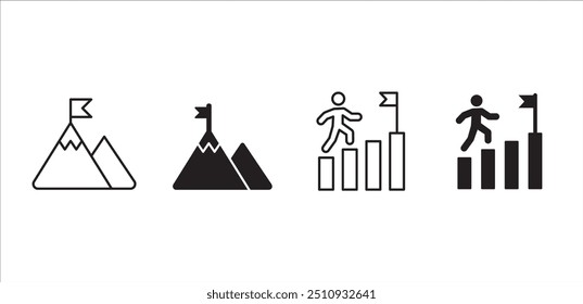 Conjunto de ícones da montanha de destino. Símbolo do gráfico de crescimento. Ícones de objetivo e meta definidos. Símbolo de metas. Coleção de ícones de negócios e gerenciamento. Estilo de linha fina sólida plana da ilustração de estoque do vetor.