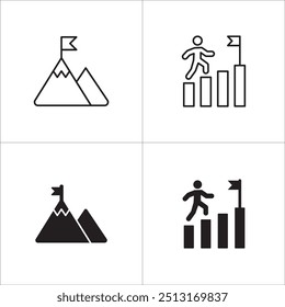 Conjunto de ícones da montanha de destino. Símbolo do gráfico de crescimento. Ícones de objetivo e meta definidos. Símbolo de metas. Coleção de ícones de negócios e gerenciamento. Estilo de linha fina sólida plana da ilustração de estoque do vetor.