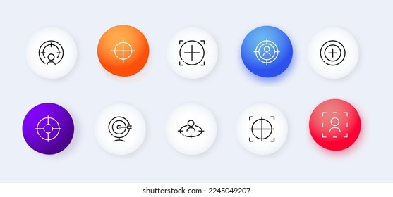Target neomorphic line icons set. Eye, focus, attention, attentiveness, surveillance, aspiration, confidentiality, safety, landmark. privacy concept. Vector neomorphic black line icons set
