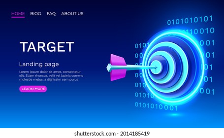 Target neon landing page, banner business 3d icon. Vector illustration