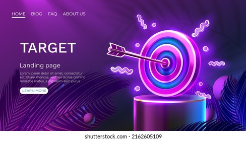 Target neon landing page, banner business 3d icon. Vector illustration